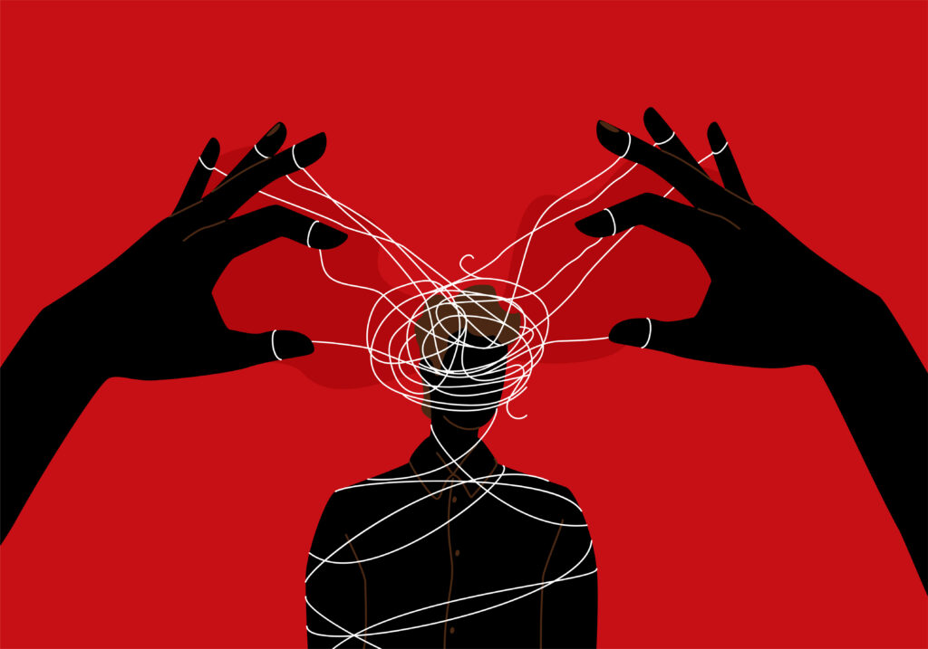 deux mains qui tricotent des fils entremêlés dans l'ombre d'une personne sur sa tête. Figure du harcèlement sur fond rouge